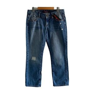 CELEBRITY PINK Women's Blue Medium Wash Mid Rise Cropped Distressed Jeans US 7